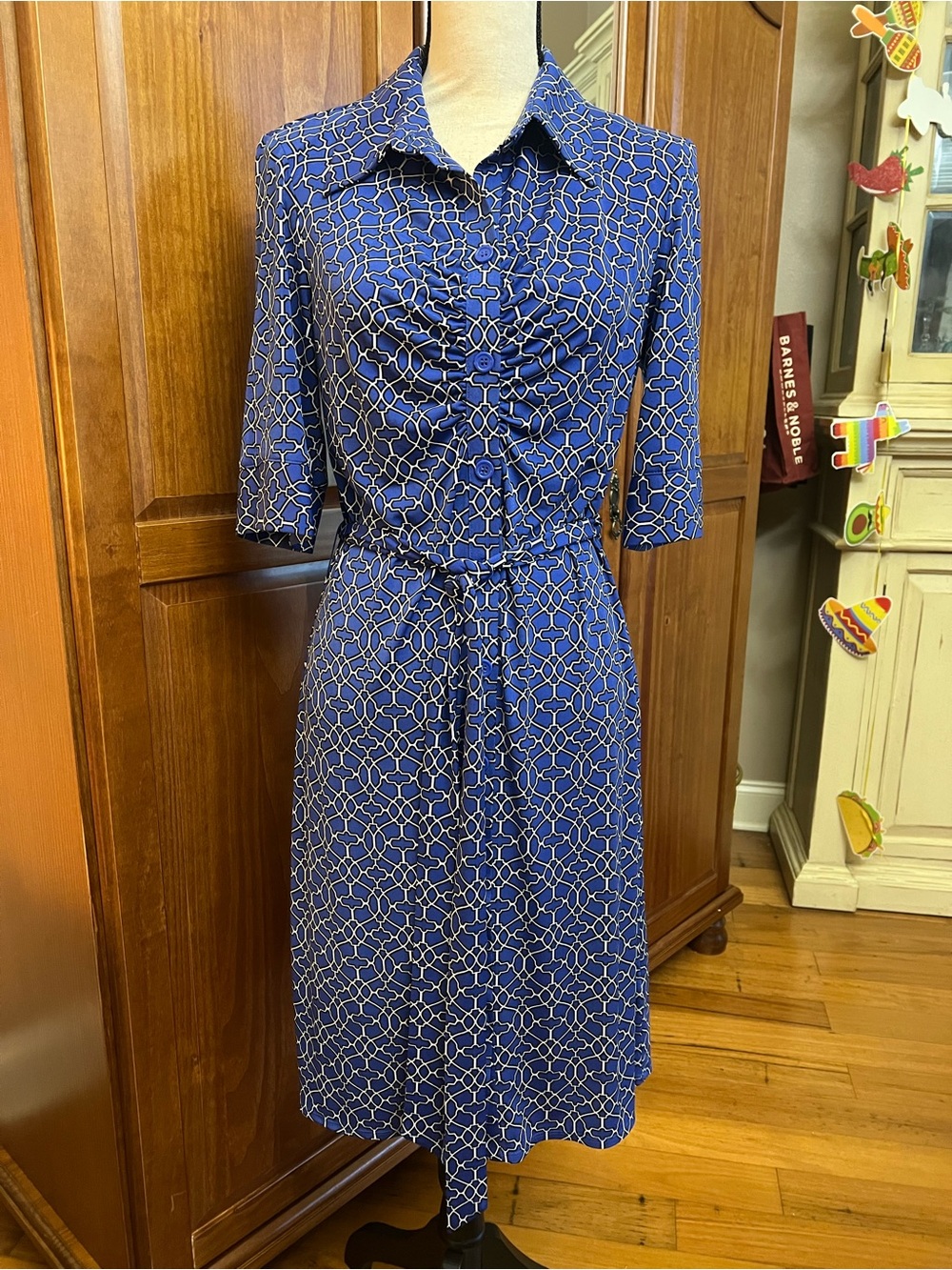 Laundry By Shelli Segal Blue Geometric Midi Shirt Dress